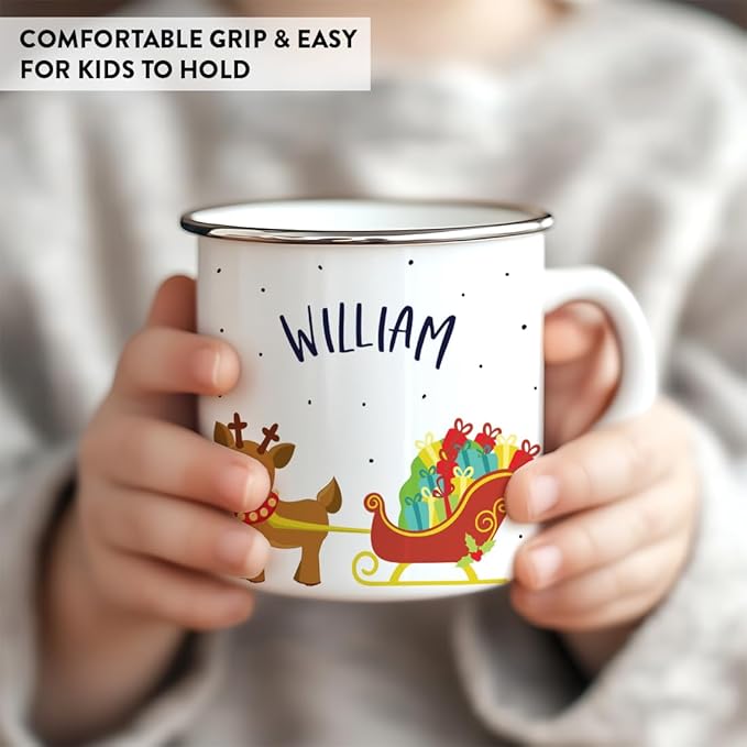 Andaz Press Personalized Name 11oz. Kids Christmas Hot Chocolate Stainless Steel Campfire Coffee Mug Adorable Rudolph Reindeer Sleigh, 1-Pack Custom Birthday Xmas Cup Hot Cocoa Mugs Christmas Mug Kids