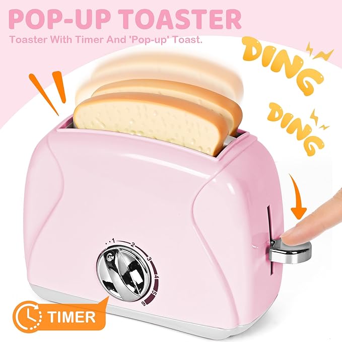 Shemira Play Kitchen Accessories, Play Kitchen Appliances Toy Set with Coffee Maker, Blender, Mixer, Toaster, Kids Kitchen Playset, Toys for 3 4 5 6 7 8 Year Old Girls, Birthday Gifts for Girls, Pink