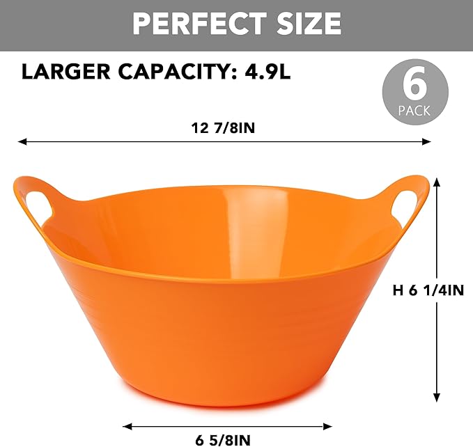 Tiawudi 6 Pack Snack Bowls (4.9L Large), Plastic Serving Bowls for Party, Large Bowls with Handles for Kitchen, Fruit, Cereal, Candy, Salad and Chip, Microwave Safe