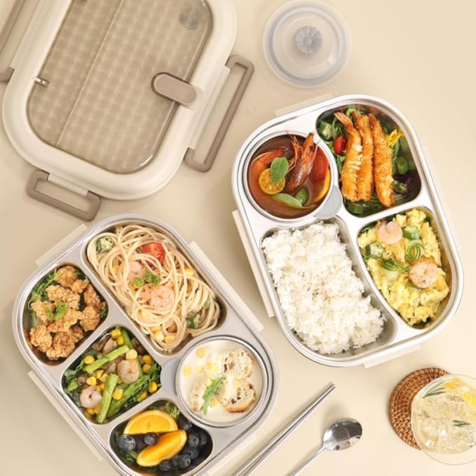 Bento Box Adult Lunch Box 304 Stainless Steel Portable Leakproof Lunch Food with Chopsticks Spoon Soup Bowl Large Capacity Sealed 1500ML (White-5 Compartments, 10.23IN*6.69IN*2.76IN)
