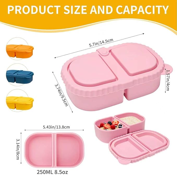 4 Pack 8.5oz 2-Compartment Snack Containers, Kids Snack Container with Leakproof Lids, Small Silicone Bento Box & Fruit Containers for Lunchbox, School, Travel, and Meal Prep
