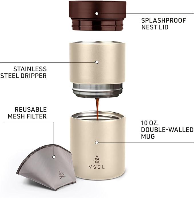 VSSL - Nest Pour Over Coffee Set | Coffee Maker for Camping | All-In-One Travel Pour Over | Transportable Dripper, 10oz Stainless Steel Travel Mug | Compact Storage & Adventure Ready | Cream