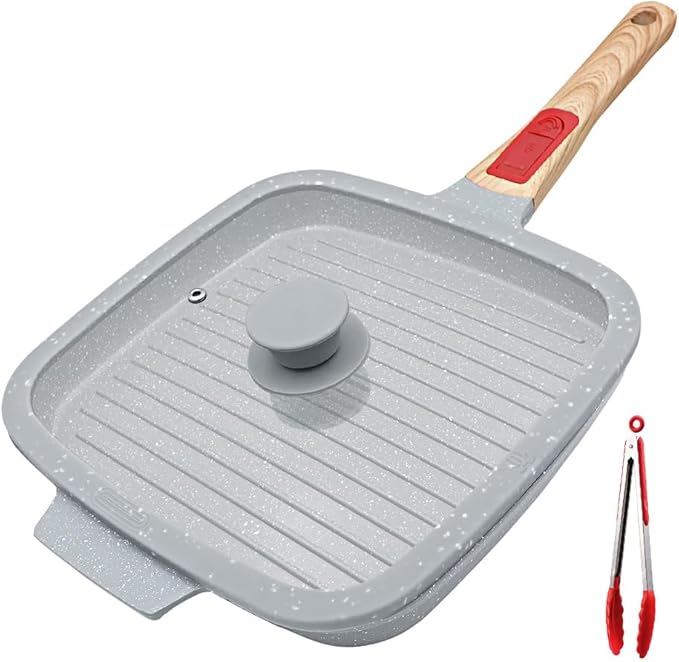 Nonstick Ceramic Griddle Pan with Lid, 10 Inch Steak Pan with Detachable Handle Induction Compatible, PFOA Free - Blue