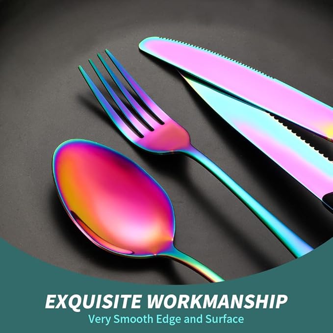 Rainbow Silverware Set For 4 Cutlery Stainless Steel Flatware 24 Piece Colorful Knives Fork Spoon Dishwasher Safe Eating Utensils For Festival Parties Restaurant
