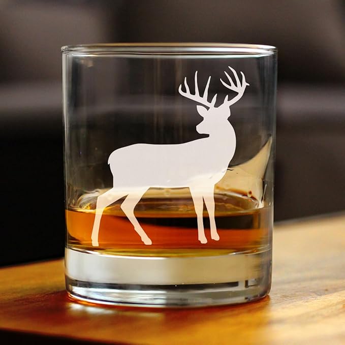 Custom Deer Personalized Whiskey Rocks Glass - Cabin Themed Gifts or Rustic Decor for Men and Women - Fun Whisky Drinking Tumbler - 10.25 oz