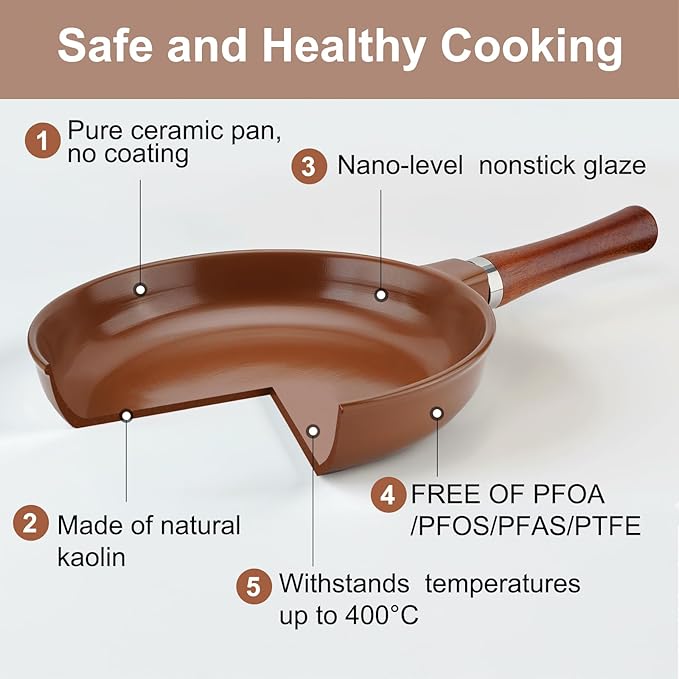 Pure Ceramic Frying Pan, Nonstick 10 Inch Ceramic Skillet (Crafted From Natural Clay Minerals Through Firing), PFAS-Free, Non Toxic/No Coatings Cooking Pan, Induction Pan (Brown)