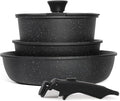 5PCS Pots and Pans Set Non Stick, Kitchen Cookware Sets with Detachable Handle, Ceramic Cookware Sets, Non Stick RV Cookware Cooking Set, Dishwasher ＆ Oven Safe, PFOA Free, Black