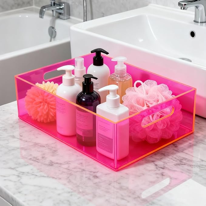Acrylic Storage Bin Pantry Storage Container with Handles Kitchen Organizer Bin for Cabinet Cupboard Organization, Heavy Duty, 12.6 x 9.4 x 4'', Neon Pink