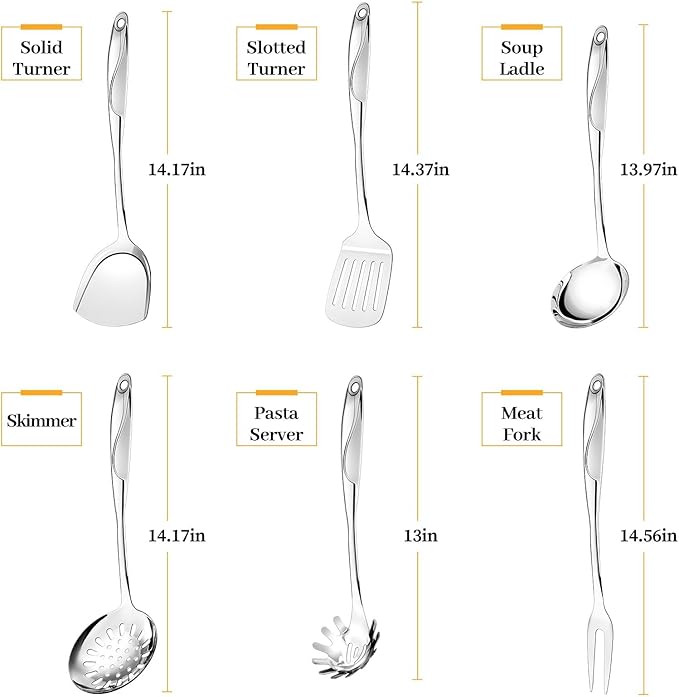 Stainless Steel Cooking Utensils Set - 6 Piece Kitchen Utensils Set, One Piece Seamless Handle Stainless Steel Utensils with Hanging Hole, Dishwasher Safe