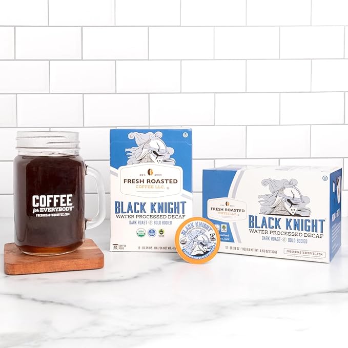 Fresh Roasted Coffee, Organic Black Knight Water-Processed Decaf | USDA Organic, Kosher | Dark Roast | 72 Pods for K Cup Brewers