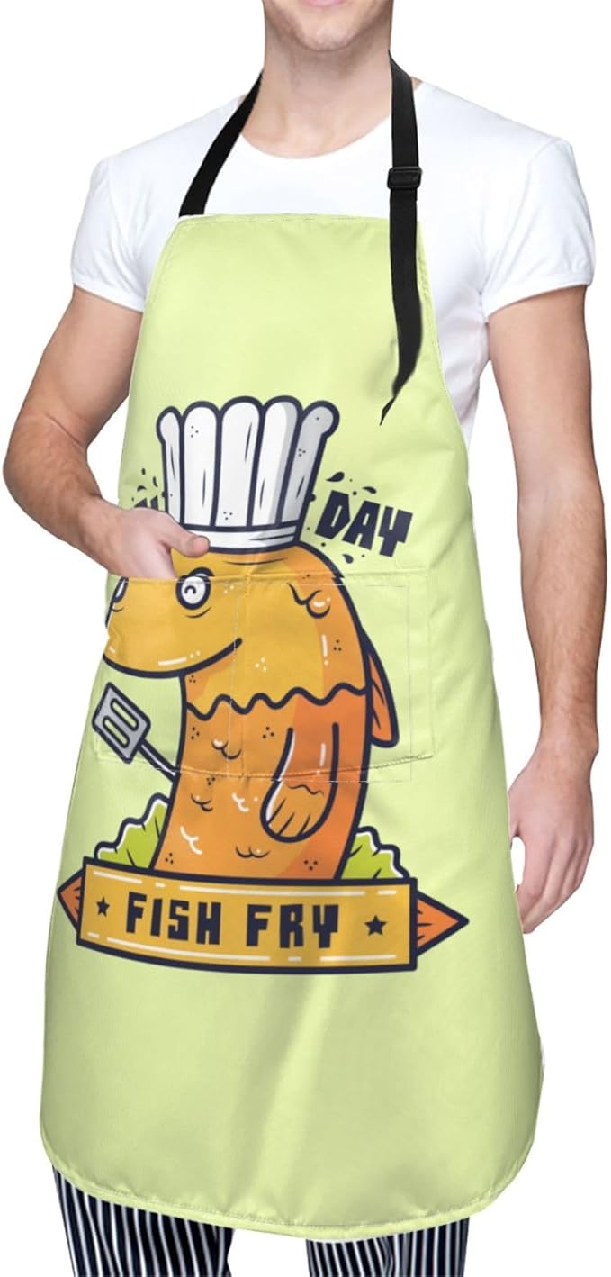 Friday Fish Fry Apron Adjustable Neck Aprons For Men Women With Pockets Waterproof Aprons For Kitchen Home Cooking Bbq Apron