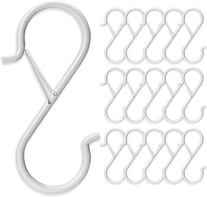 17 Pcs S Hooks for Hanging Safety Buckle, 3.5 Inch Stainless Steel S Shaped Locking Hooks for Colleague Dorm, Kitchen, Plants Pots Towels Bags, White