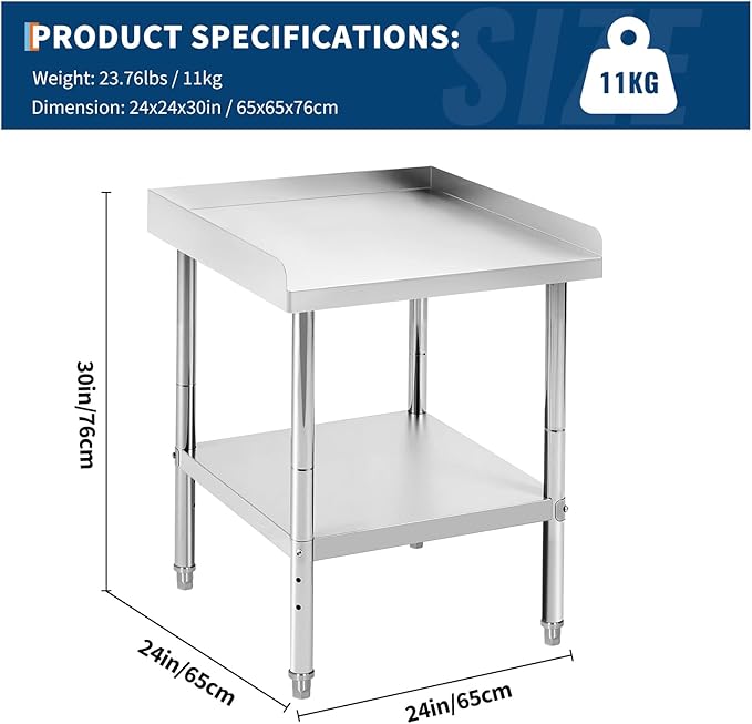 24x24x30 in Stainless Steel Equipment Grill Stand Table 400 LBS Capacity NSF Certified with Adjustable Legs, 2 in Edge Baffle, for Hotel, Home, Commercial Restaurant Kitchen