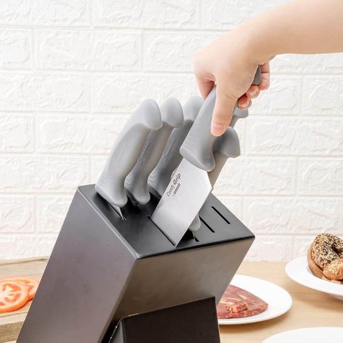 Restaurantware Comfy Grip Knife Set With Holder 1 Sharp 9-Piece Knife Set - Ergonomic Handle Non-Slip Grip Gray Stainless Steel Kitchen Knife Set Dishwashable Includes Knife Holder