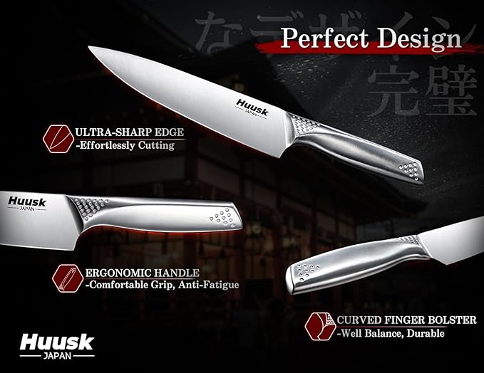Huusk Knife Set with Block and Sharpener, 14 Pcs Japanese Stainless Steel Kitchen Knife Sets Dishwasher Safe, Sharp Silver Professional Knives Set with Box for Kitchen, Christmas Gifts for Men Women