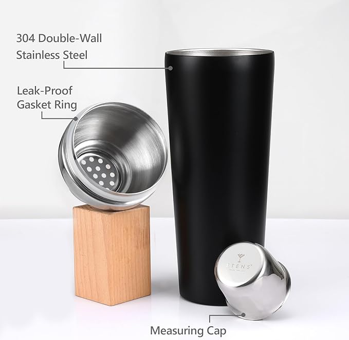 Insulated Cocktail Shaker Black - 23oz Double Wall Vacuum Stainless Steel Martini Shaker with Built-in Strainer & Jigger Lid, Pro Leak-Proof Weighted Shaker for Home Bar, Premium Bar Gift Set