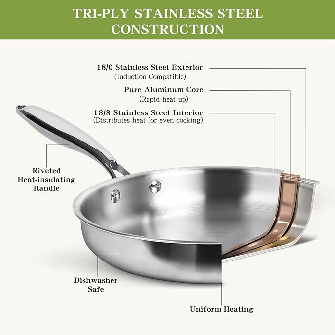 Triple Ply Stainless Steel Pots and Pans Set, EWFEN 12 Piece Induction Cookware Set, Oven Dishwasher Safe | Frying Pans, Saucepans, Saute Pan & Stock Pot, PFOA Free Kitchen Skillet