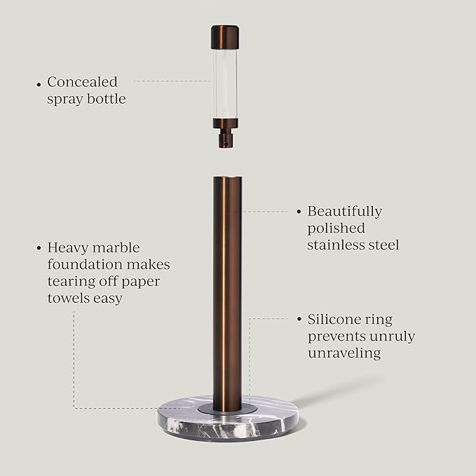 Curio Home Goods Obscura Paper Towel Holder plus Spray Bottle, Stainless Steel and Marble, Bronze/Black