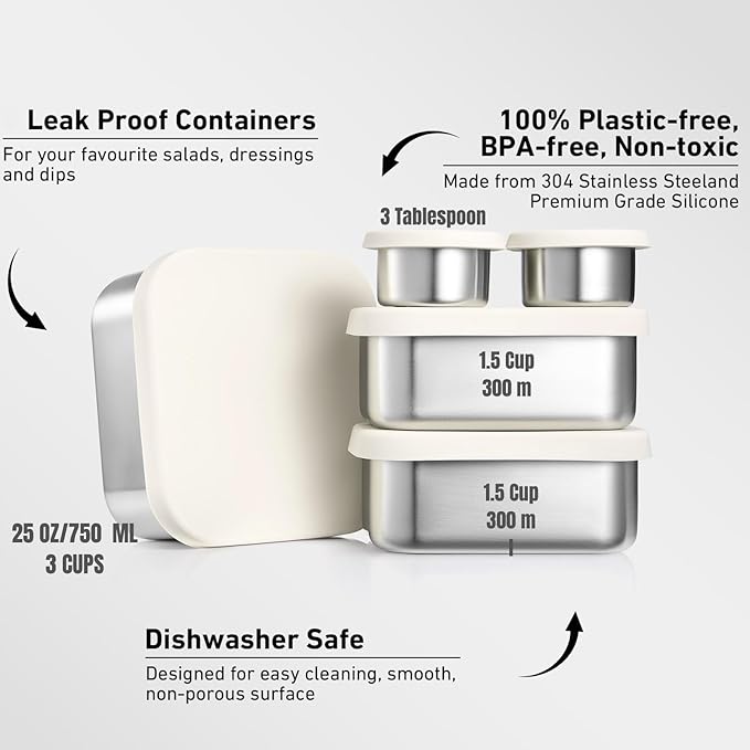Flexibento - Leak proof Stainless Steel Lunch Box | Sandwich, Snack Pack Lunch Containers with Silicone Lids | Steel Bento Box |Metal lunch Box|1*25 OZ+ 2*13 OZ + 2 *2 OZ| Set Of 5 |Vanilla