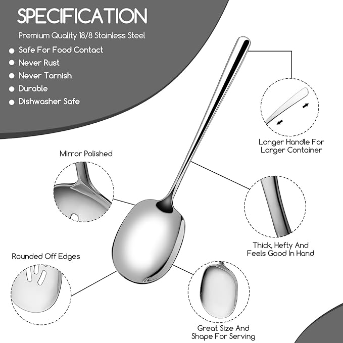 SOLEADER Extra Large Serving Spoons Set, 12 Inch Slotted and Serving, Premium Silverware, for Cooking, Pasta, Mixing, Foodgrade 18/8 Stainless Steel, Pack of 2