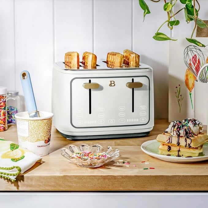 Beautiful 4-Slice Toaster by Drew Barrymore – Touch Display, Extra-Wide Slots, Bagel & Frozen Functions, Stainless Steel (White Icing)