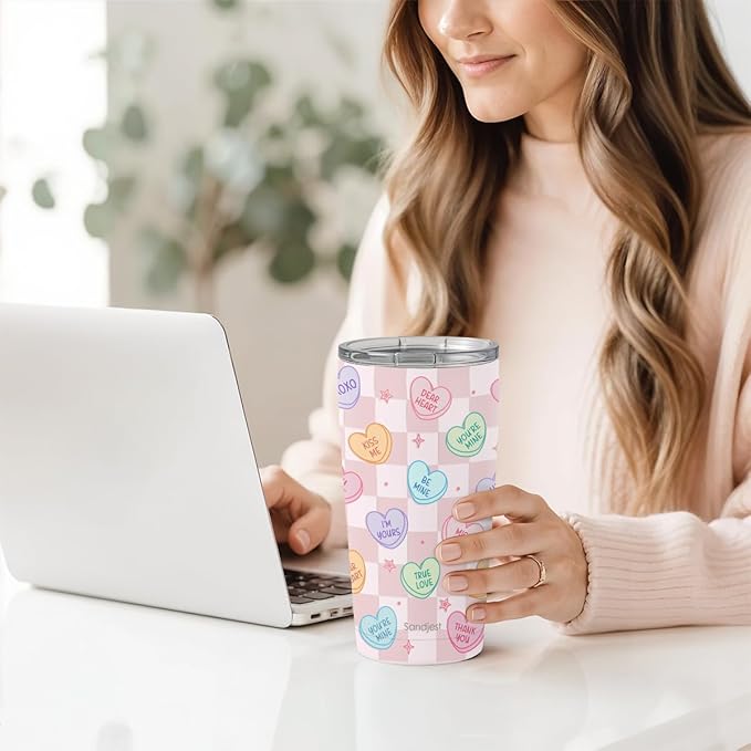 SANDJEST Heart Message Tumbler 20oz, Stainless Steel Travel Cup with Lid, Insulated Coffee Mug, Heart Gifts for Women Girls Friends Sisters on Birthday Christmas Valentine