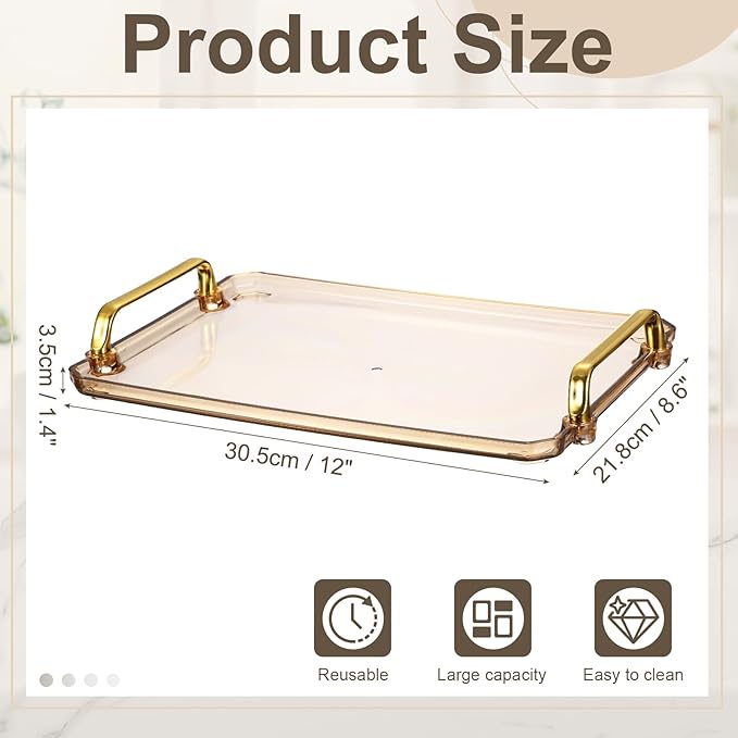 uxcell Plastic Serving Tray with Golden Handle, 12 x 8.6 Modern Rectangular Decorative Tray Acrylic Reusable Tea Platter for Countertop Bathroom Kitchen Home Restaurant, Gold