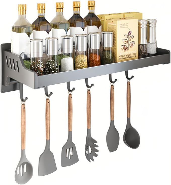 Wall-mounted Kitchen Organizer – Microwave Spice Rack, Heavy-duty & Easy Setup (Small with hook)