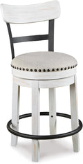 Signature Design by Ashley Valebeck | Modern Swivel 24.5" Counter Height Barstool – Rustic-Industrial Whitewash, Upholstered Cushion, 360° Swivel, Nailhead Trim