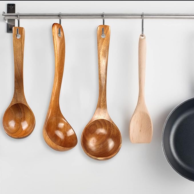 3 Pack Wooden Ladles for Serving Spoon Soup Ladle Wood Spoons for Cooking Ladel Large Bamboo Kitchen Tools Ladles Big Spaghetti Spoon Laddle Non Toxic Soup Spoons Teak deep Ladle