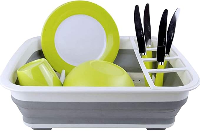 camper must haves dish drying rack Collapsible Dish Drying Rack Portable Dinnerware Drainer Organizer for Kitchen RV Campers Travel Trailers Space Saving Kitchen Storage Rack Tray (with Drainboard)
