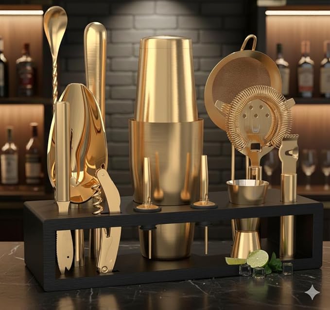 Highball & Chaser Bartender Kit with Black Bamboo Stand Beautiful Cocktail Shaker Set and Bar Tools Stainless Steel Boston Shaker Bartender Kit with Stand (Antique Gold)