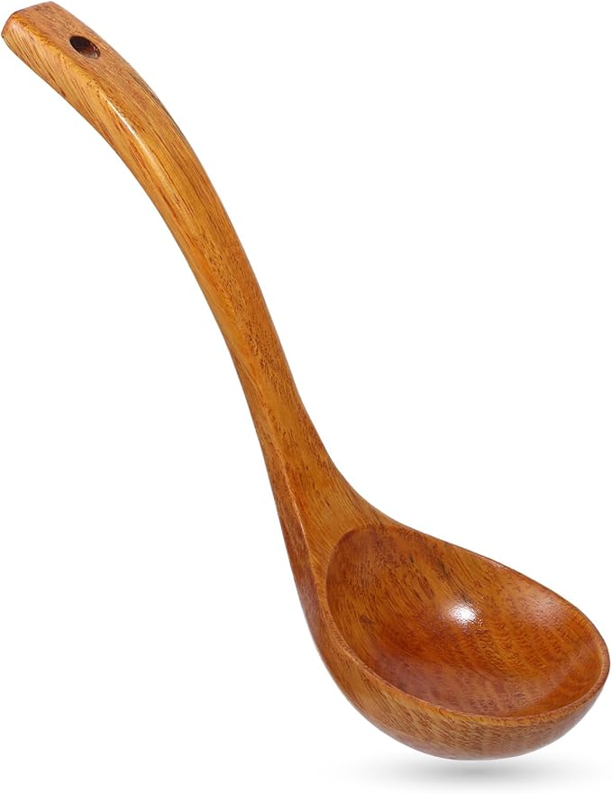 Wooden Ladle, 11" Long Handle Soup Ladle Spoon 3 fl oz Extra Large Kitchen Wooden Scoop Deep Teak Wood Spoon Utensil for Cooking Serving Cookware, Sustainable Natural Texture (Bigger and Deeper)