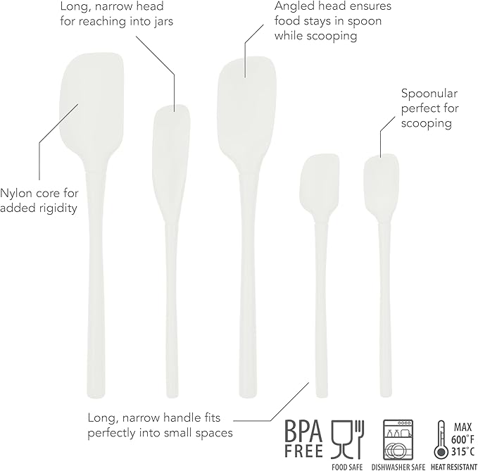 Tovolo Flex-Core® All Silicone Spatula Set of 5 for Meal Prep, Cooking, Baking, and More - White