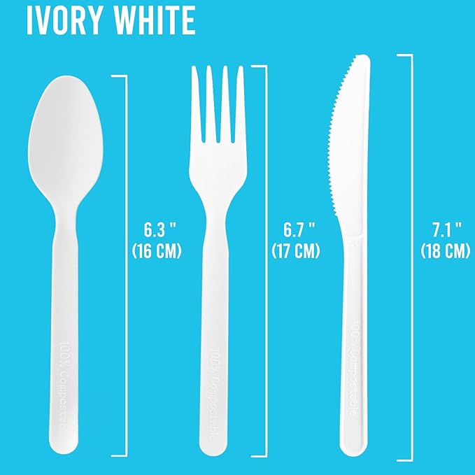 Compostable Eating Utensils, 500 Ct 7" Large Disposable Biodegradable Forks Spoons Knives Cutlery Set, Eco Friendly Heat Resistant Flatware Alternative to Plastic Silverware, BPI Certified