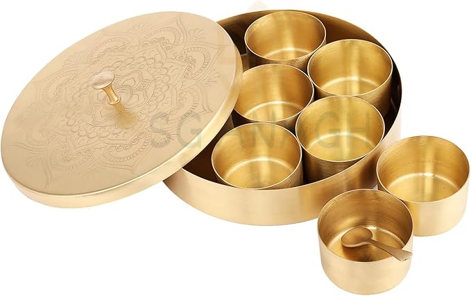 Brass Round Spice Box Masala Dabba-Spice Box Set With Spoon Container 90 ML Indian Masaladanni for Kitchen Counter 8 Inch With Spoon (Floral, 8 Inch (Medium Family)