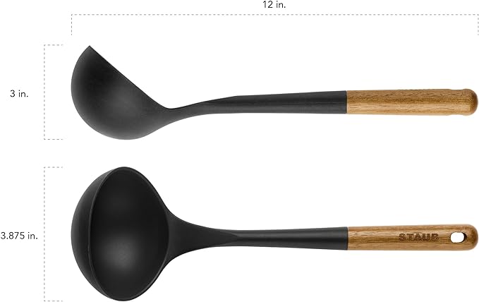STAUB Soup Ladle, Perfect for Serving Hot Soup, Portion Batter for Pancakes, and Sauce Pasta, Durable BPA-Free Matte Black Silicone, Acacia Wood Handles, Safe for Nonstick Cooking Surfaces