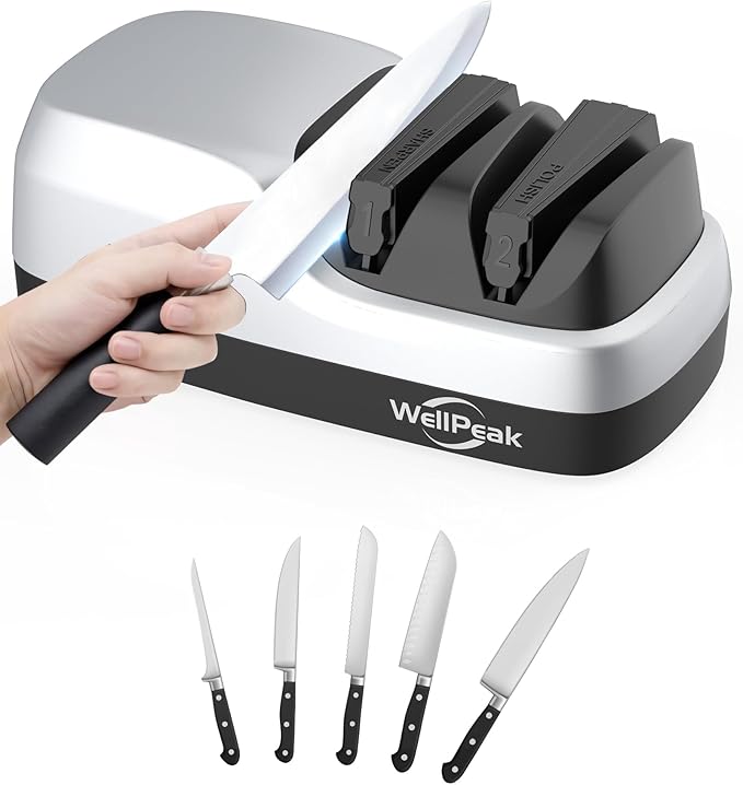 2-Stage Electric Knife Sharpener for 20-Degree Knifes, Diamond Abrasive Sharpening for Straight Edge Chef Knives, Ceramic Hone for Chef Knives, Serrated Knives Polishing