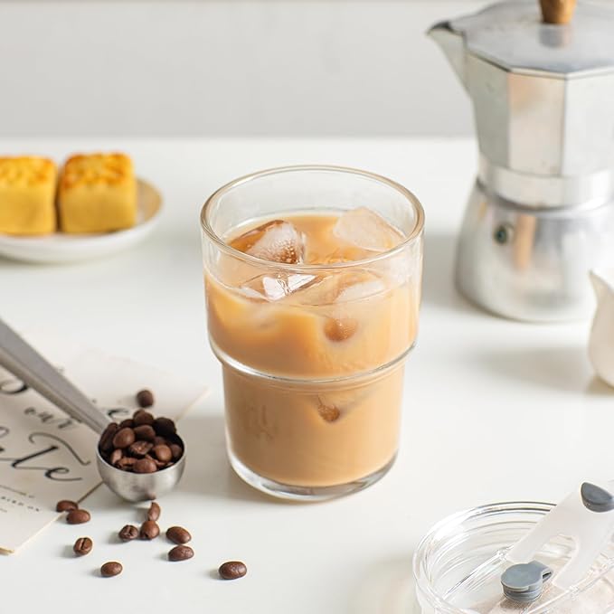 INSETLAN 13oz Portable Glass Tumblers Set of 4, Thick Wall Glass Cups with Lid and Glass Straw, On-the-Go Coffee Cups for Iced Coffee, Tea, Milk, Hot & Cold Drinks, Travel & Daily Use