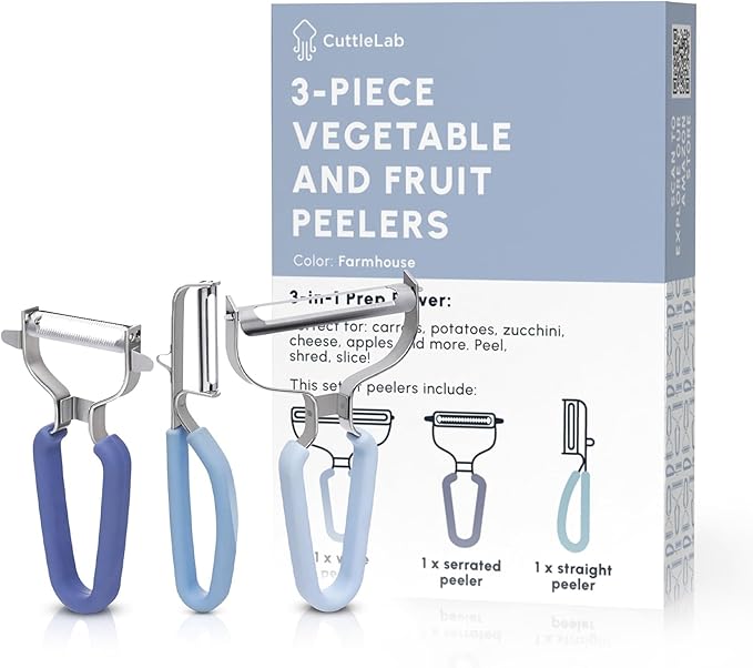 Vegetable Peeler Set – Serrated, Straight & Wide Blades- great apple peeler & potato peelers, Carrots, Zucchini, Cucumbers – Soft Grip Handle- Eye Remover – Dishwasher Safe (3, Farmhouse)