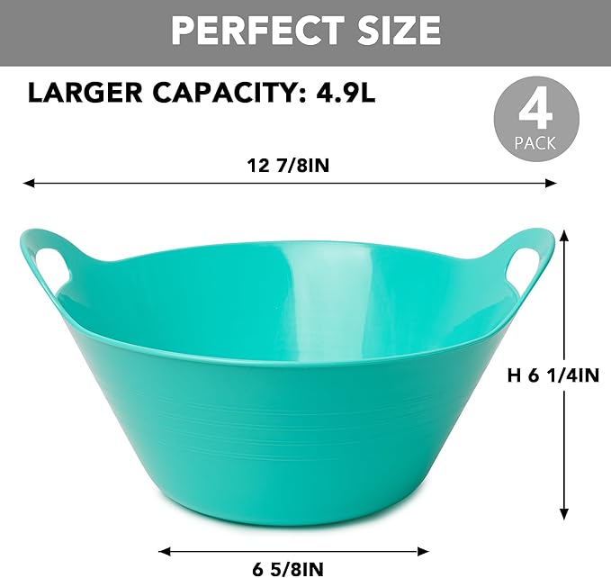 Tiawudi 4 Pack Snack Bowls (4.9L Large), Plastic Serving Bowls for Party, Large Bowls with Handles for Kitchen, Fruit, Cereal, Candy, Salad and Chip, Microwave Safe