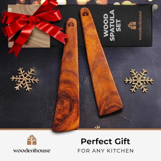 Wooden Spatula for Cooking Set of 2 – 12 Inch Teak Spatula Turner & Flipper for Cast Iron, Flat Egg & Pancake Scraper – Utensils by Woodenhouse - White Elephant Gift ideas, Kitchen Gifts for Women Men