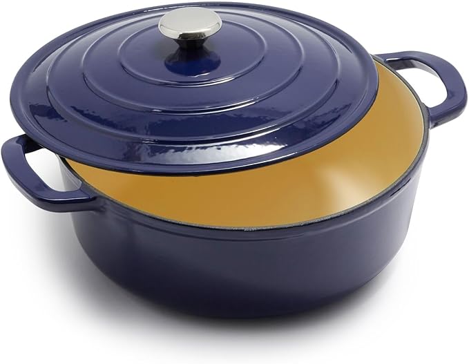 Sur La Table 7-Qt Enameled Cast Iron Dutch Oven – With Lid for Braising, Baking & Deep Frying, Induction Compatible, Oven to 500°F, Seals in Moisture for Flavorful Results, Blue