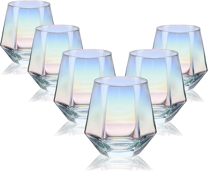 CUKBLESS Wine Glasses Set of 6 (10 Oz), Stemless Wine Glass for Red and White Wine, Iridescent Diamond Shaped Glassware for Whiskey, Cocktail, mixed wine, soft drink, and more