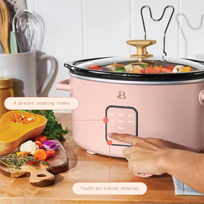 Beautiful 4-Quart Slow Cooker with Touch-Activated Display, Programmable Digital Controls, Removable Non-Stick Pot, Keep Warm Function, by Drew Barrymore (Rose)