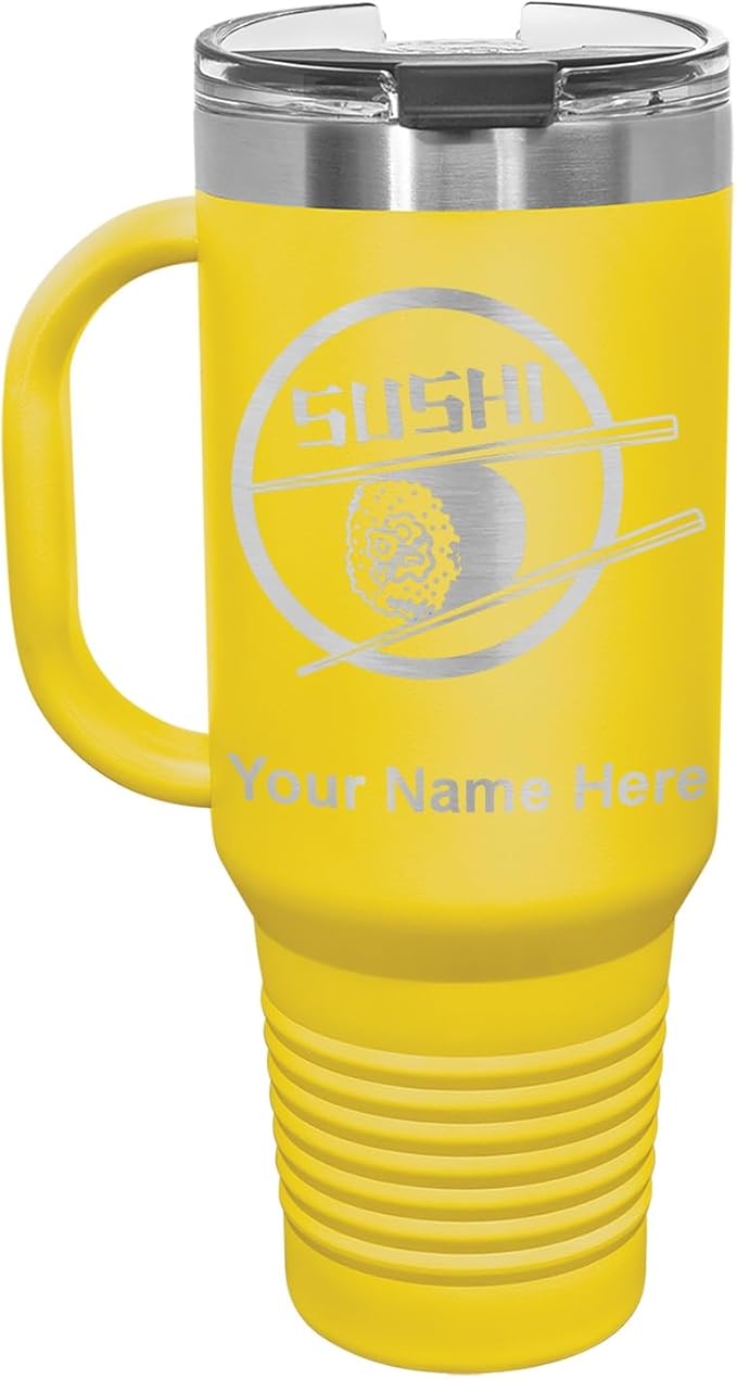 LaserGram 40oz Vacuum Insulated Travel Mug with Handle, Sushi, Personalized Engraving Included (Yellow)