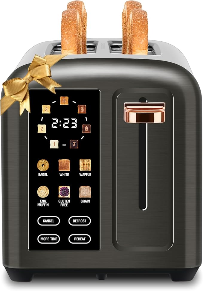 SEEDEEM Toaster 2 Slice with Touch Screen, Faster Heating Speed, 7 Shade Setting, 6 Bread Type, 1.5”Wide Slots Toaster, Removable Crumb Tray, 1350W, Dark Metallic
