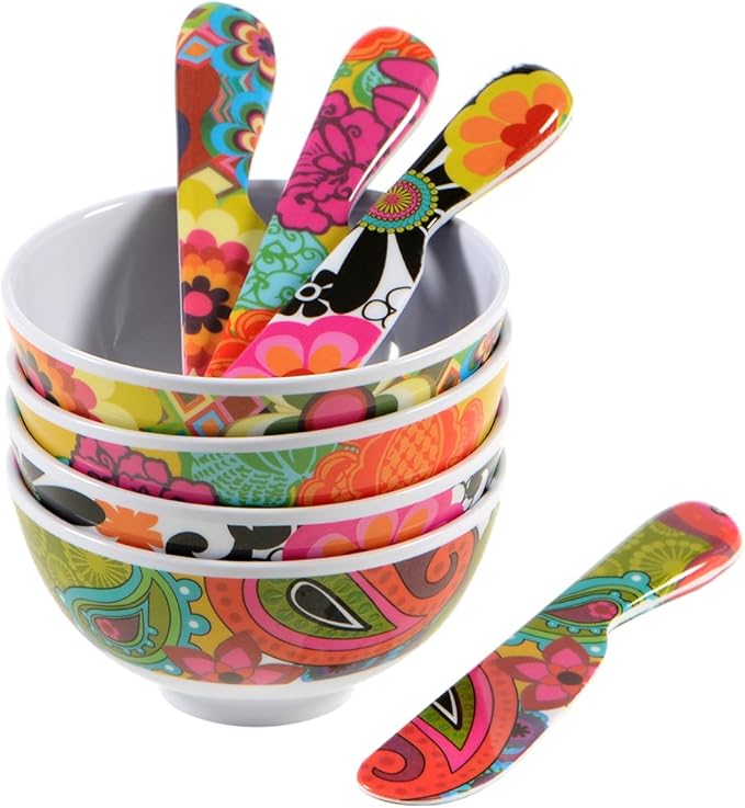 French Bull Melamine Mini Bowl, 4-Piece Set, 10 Fluid Ounces, Small Serving Bowl – Snack, Condiment, Dip, Dessert, Ice Cream – Shatter Proof, Food-Safe, BPA Free, Dishwasher Safe, 4”, Floral