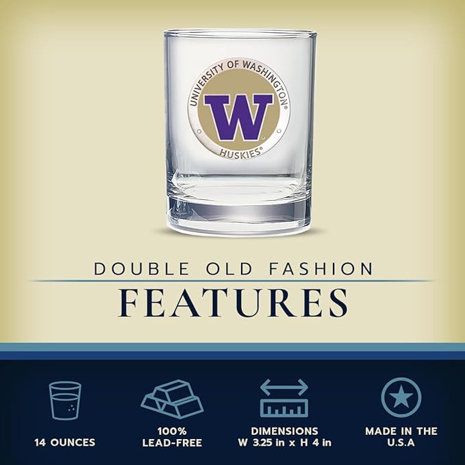 Heritage Pewter Washington Huskies Double Old Fashion | Double Rocks Glass 14 OZ for Liquor | Expertly Crafted Pewter Glass