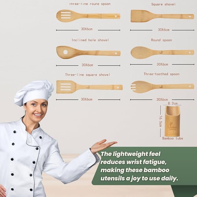 6 Piece kitchen utensils set - bamboo cooking utensils with comfort grip, including utensil holder, bamboo spoons, shovels & spatulas | wooden utensil set for non-stick pans, kitchen essentials